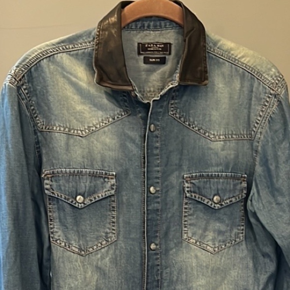 🕺Zara Man Denim Couture Slim Fit western shirt button down faux leather collar